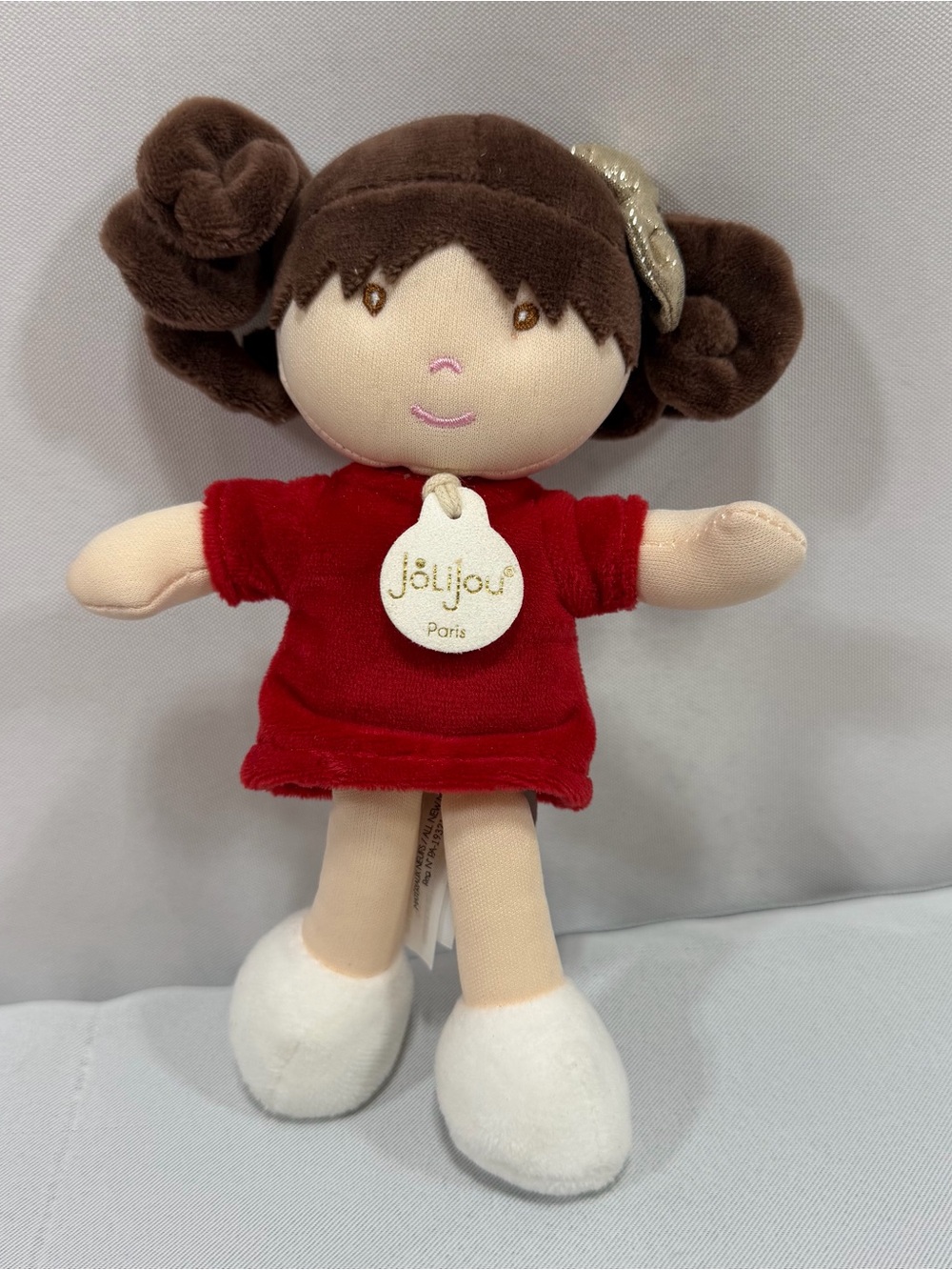 JoliJou Paris 7" Doll My First Santa Doll Red Dress Brown Hair Soft Lovey